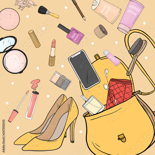 Women's handbag with cosmetics, shoes and smartphone. Personal effects fell out of the bag. Vector illustration in sketch style. For fashion publications, beauty and mobile applications.