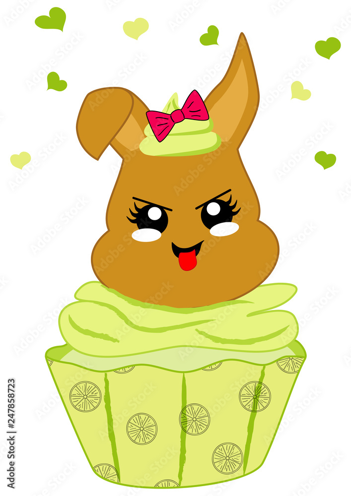 Naklejka premium niedlicher Zitronen Cupcake mit Häschen im Kawaii Stil. Vektor Datei Eps 10