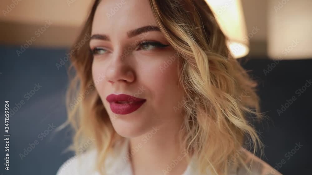 Beautiful woman portrait close up in a cafe, beauty female face Beautiful woman portrait close up in a cafe, beauty female face