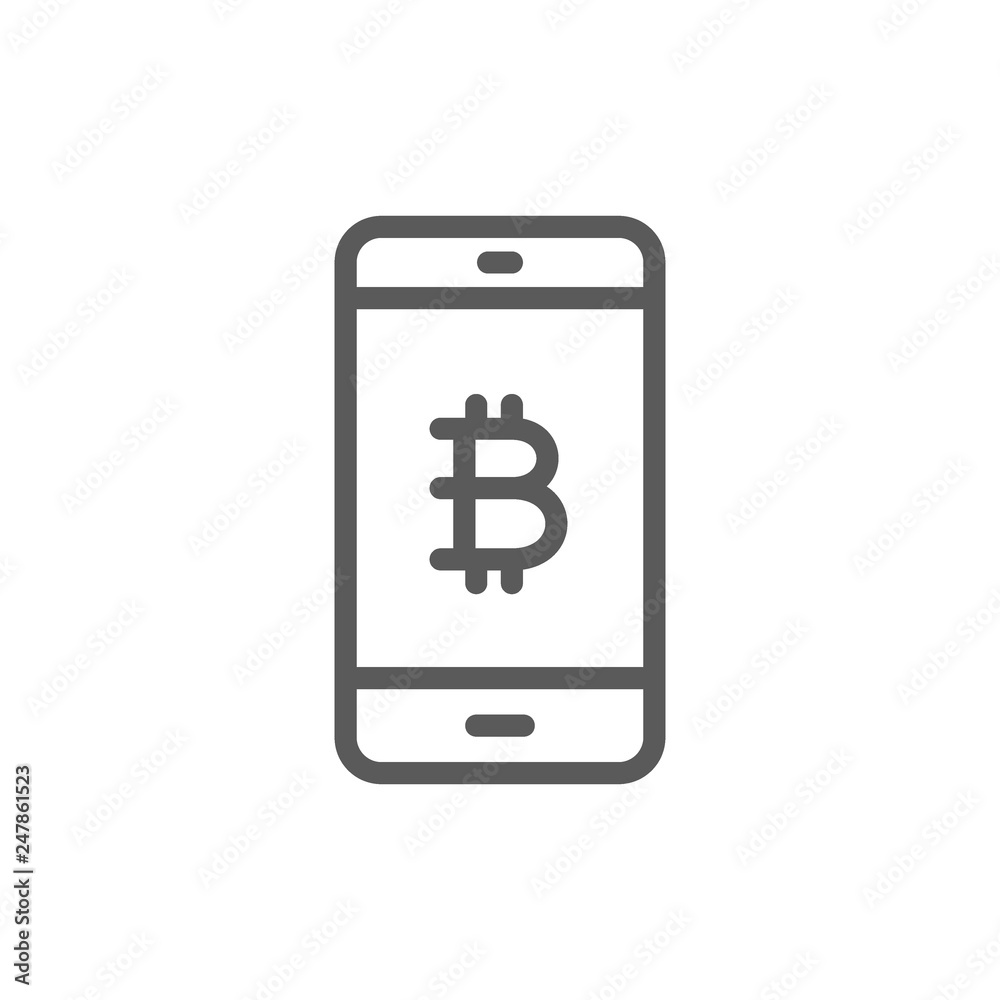 Smartphone display with bitcoin sign, blockchain line icon. Smartphone display with bitcoin sign, blockchain line icon.