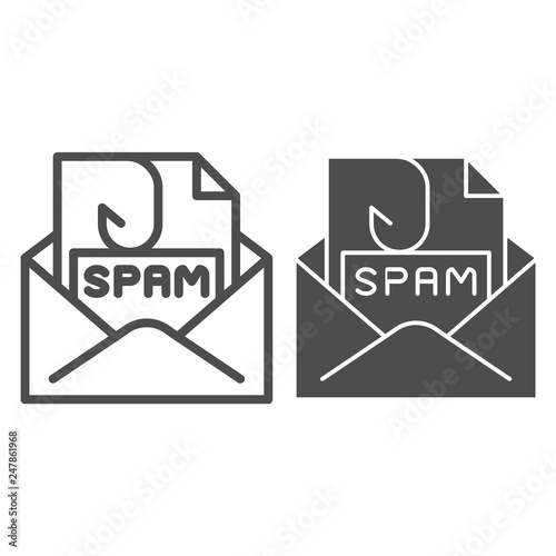 Spam mail line and glyph icon. Spam letter in envelope vector illustration isolated on white. Message with hook outline style design, designed for web and app. Eps 10.