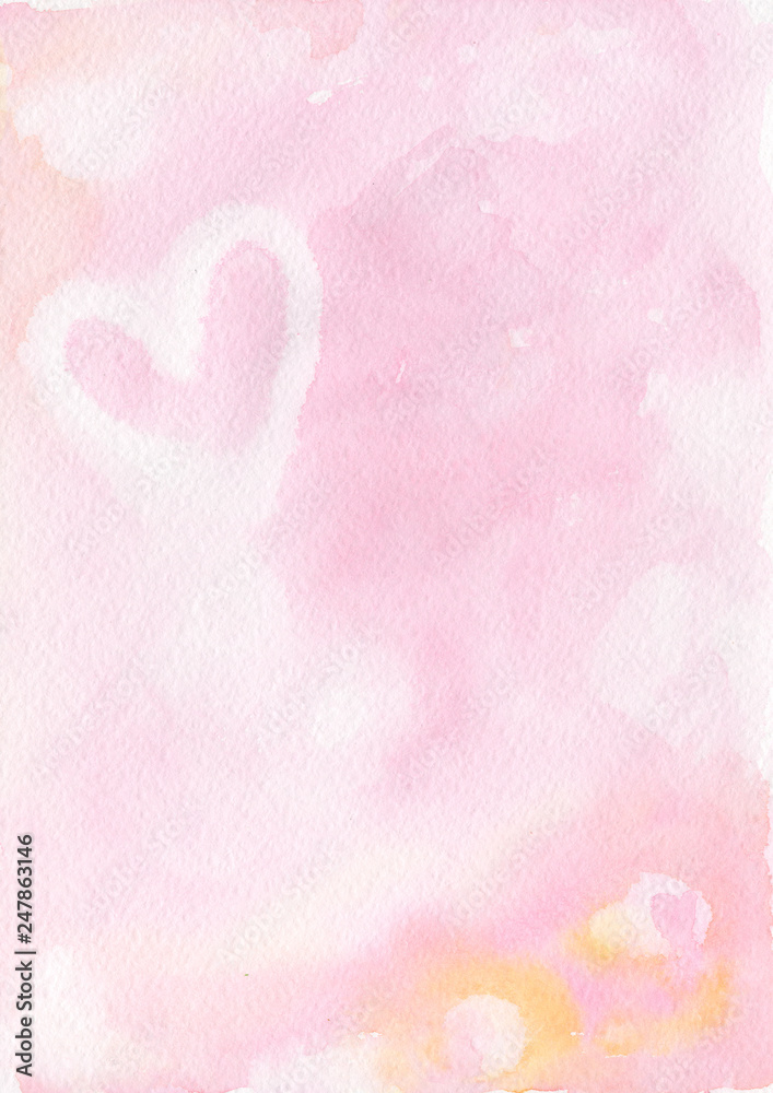 Abstract hand painted watercolor texture, background, pink, coral, yellow with a heart shape