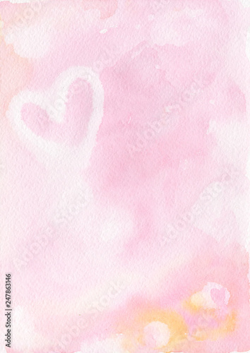 Abstract hand painted watercolor texture  background  pink  coral  yellow with a heart shape