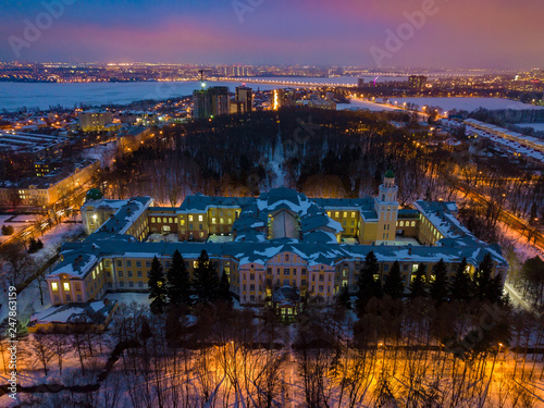 Aerial view of Voronezh in winter night from height of drone flight