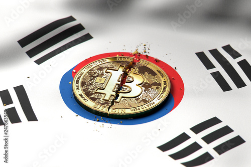 Cracked Bitcoin coin on South Korean flag. Bad Bitcoin condition in South Korea concept. 3D Rendering