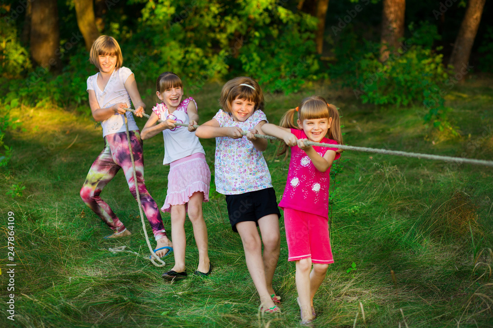 Obraz premium Group of happy children playing tug of war outside on grass. Kids pulling rope at park.