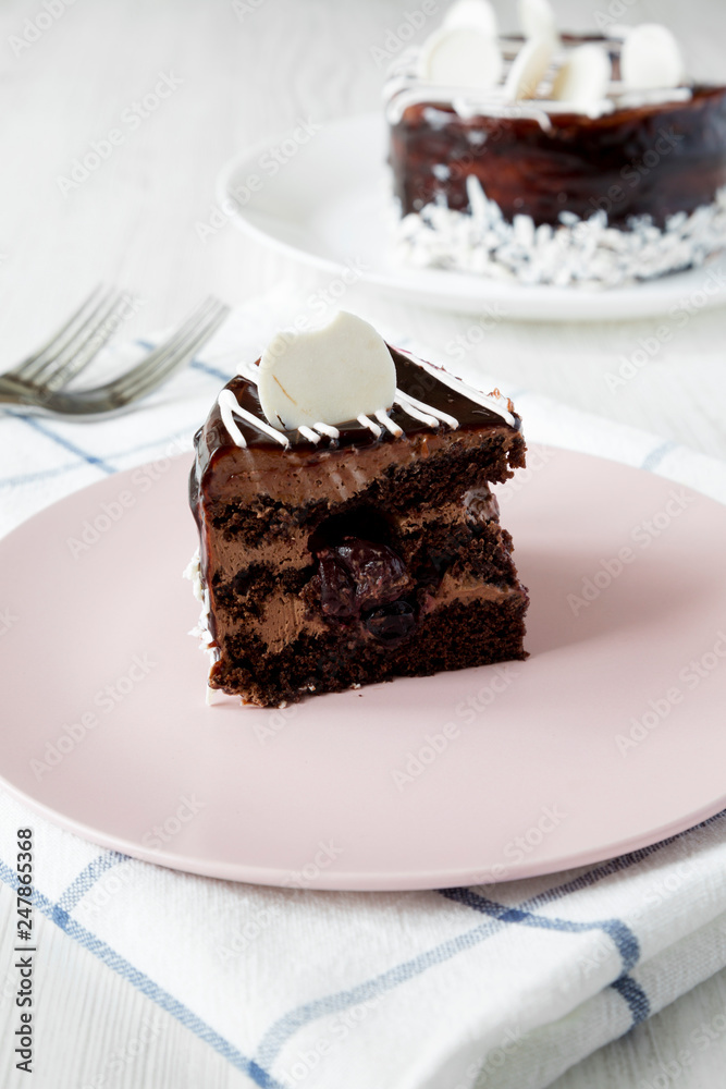 Piece of homemade chocolate cherry cake on a pink plate over white wooden surface, side view. Closeup. Piece of homemade chocolate cherry cake on a pink plate over white wooden surface, side view. Closeup.
