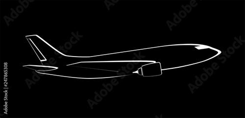 Airplane on black background. Plane flying in the sky. Side view. Aircraft flat style vector illustration.