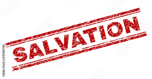 SALVATION seal watermark with corroded texture. Red vector rubber print of SALVATION caption with unclean texture. Text caption is placed between double parallel lines.