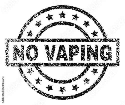 NO VAPING stamp seal watermark with distress style. Designed with rectangle, circles and stars. Black vector rubber print of NO VAPING text with dust texture.