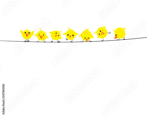 Yellow birds on the wire. Flat illustration