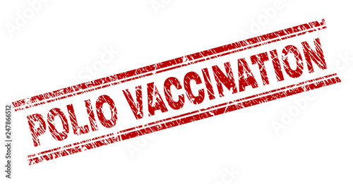 POLIO VACCINATION seal stamp with grunge texture. Red vector rubber print of POLIO VACCINATION label with unclean texture. Text label is placed between double parallel lines.
