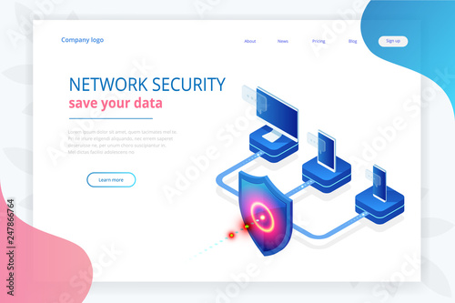 Isometric Protection network security and safe your data concept. Web page design templates Cybersecurity. Digital crime by an anonymous hacker. Vector illustration