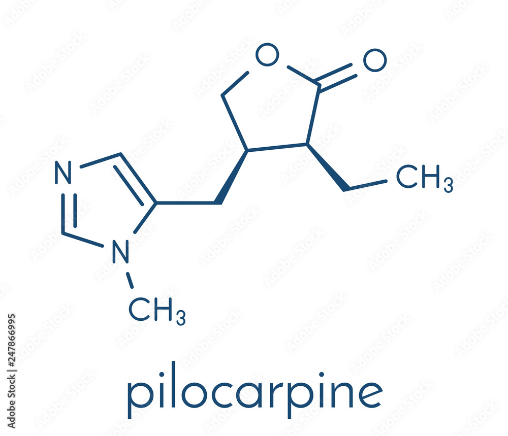 Pilocarpine drug molecule. Skeletal formula. Pilocarpine drug molecule. Skeletal formula.