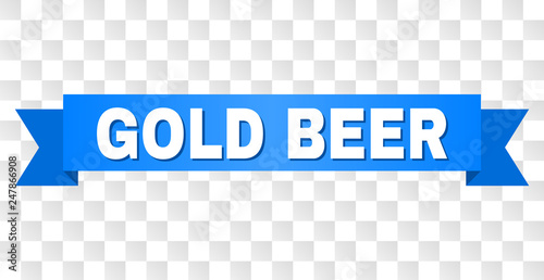 GOLD BEER text on a ribbon. Designed with white caption and blue stripe. Vector banner with GOLD BEER tag on a transparent background.
