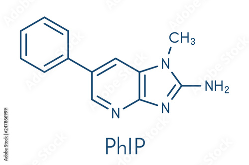 PhIP or 2-Amino-1-methyl-6-phenylimidazo(4,5-b)pyridine molecule. Heterocyclic amine present in cooked meat. Skeletal formula.