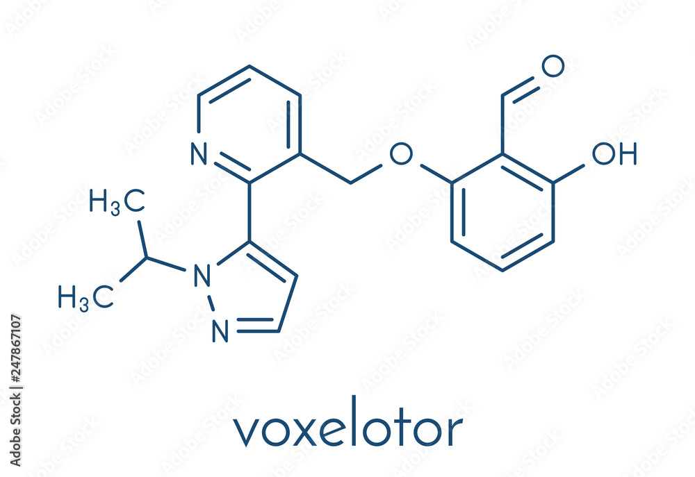 Voxelotor sickle cell disease drug molecule Skeletal formula. Voxelotor sickle cell disease drug molecule Skeletal formula.