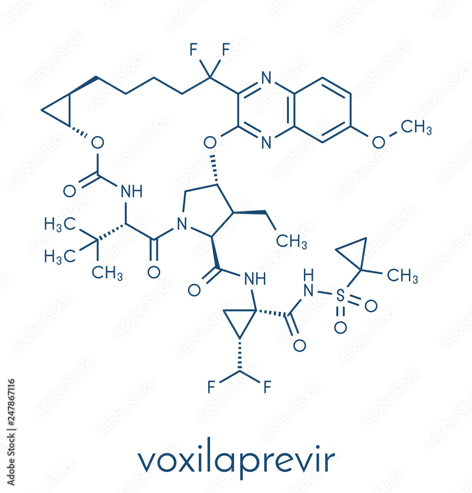 Voxilaprevir hepatitis C drug molecule. Skeletal formula. Voxilaprevir hepatitis C drug molecule. Skeletal formula.