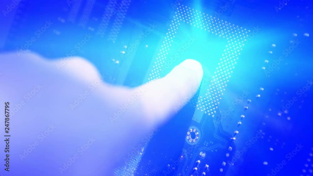 A Finger Pressing a Digital Circuit Causing Bright Blue Light Activating A Finger Pressing a Digital Circuit Causing Bright Blue Light Activating