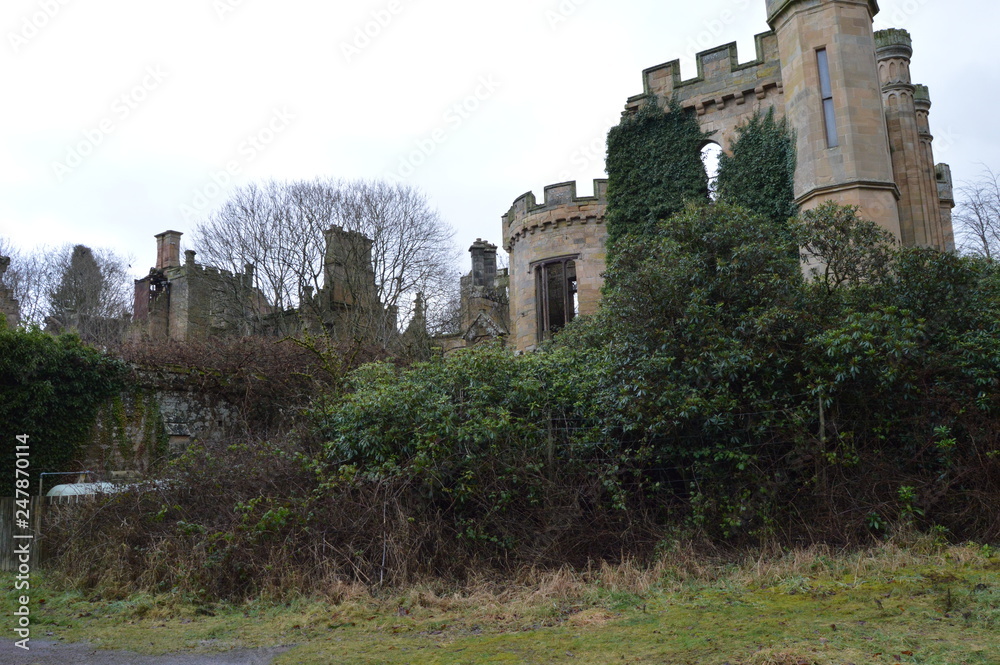 The striking ruins of Crawford Priory, Springfield, Cupar, Fife, extended in early 19th century.