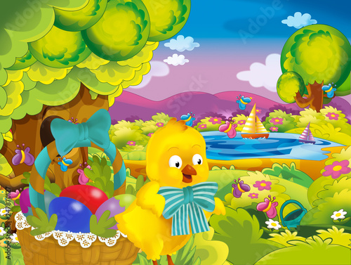 cartoon spring nature background of park and easter chicken with basket full of eggs - illustration for children