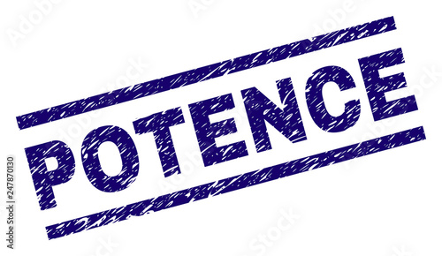POTENCE seal print with distress style. Blue vector rubber print of POTENCE label with dirty texture. Text label is placed between parallel lines.