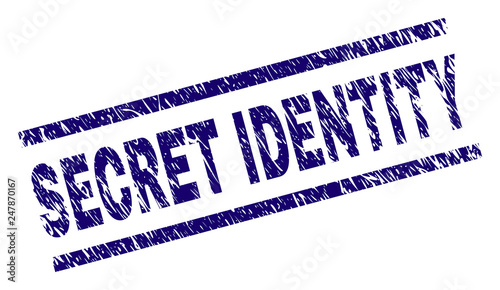SECRET IDENTITY seal print with distress style. Blue vector rubber print of SECRET IDENTITY title with unclean texture. Text title is placed between parallel lines.
