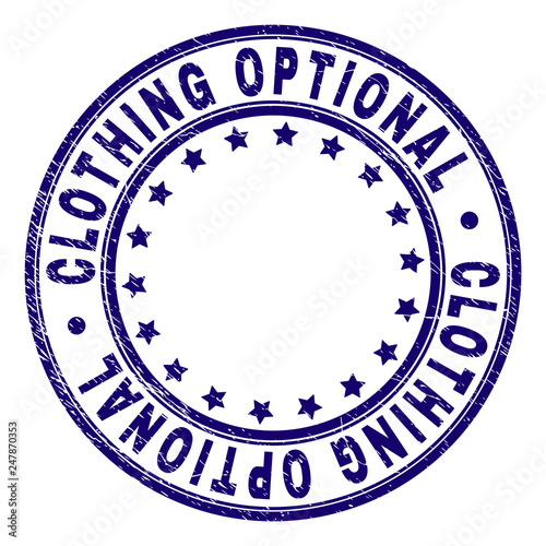 CLOTHING OPTIONAL stamp seal watermark with grunge texture. Designed with circles and stars. Blue vector rubber print of CLOTHING OPTIONAL tag with unclean texture.