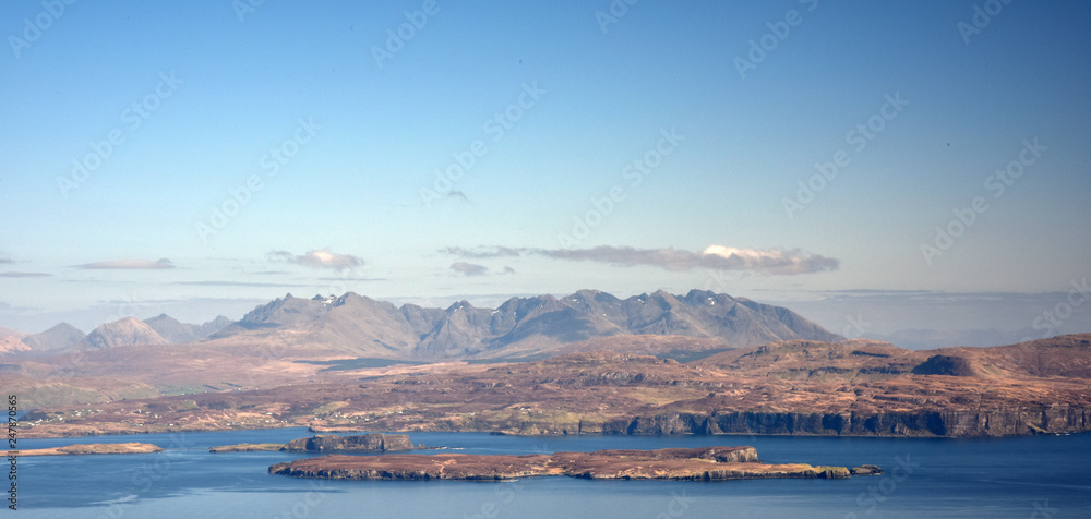 Beautiful autumn landscape on Isle of Skye with Atlantic Ocean, Cuillin Hills, Harlosh Peninsula, Loch Bracadale - view from the top of MacLeod's Table