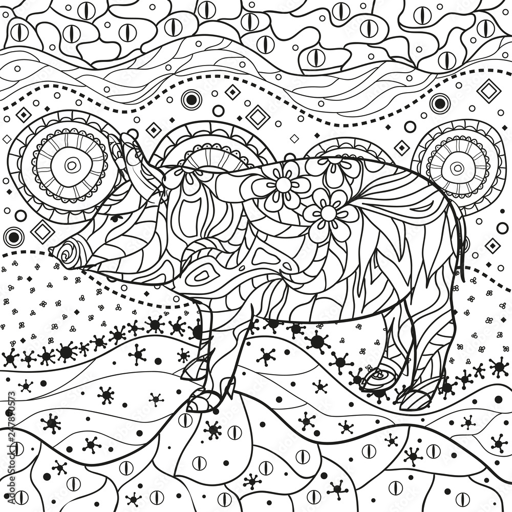 Fototapeta premium Ornate square wallpaper with pig. Hand drawn waved ornaments on white. Abstract patterns on isolated background. Design for spiritual relaxation for adults. Line art. Black and white illustration