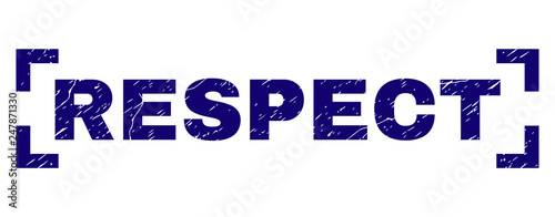 RESPECT text seal stamp with distress texture. Text title is placed inside corners. Blue vector rubber print of RESPECT with grunge texture.