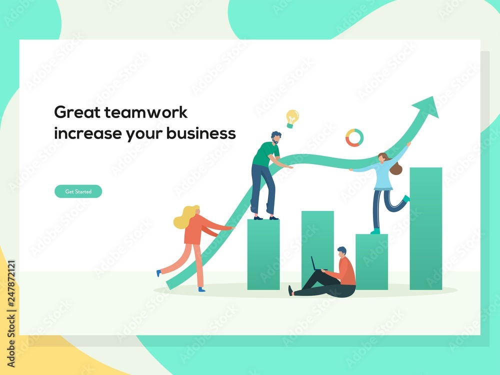 business team work together and interact with statistic graph vector illustration concept, people anlyze business graph together with team, can use for, landing page, template, ui, web, homepage, flye