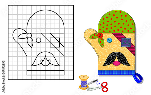 Printable template with pattern of kitchen mitten. Portrait of funny pirate. Using scissors, thread and sewing needle make him from pieces of cloth. Developing skills for needlework and handwork.
