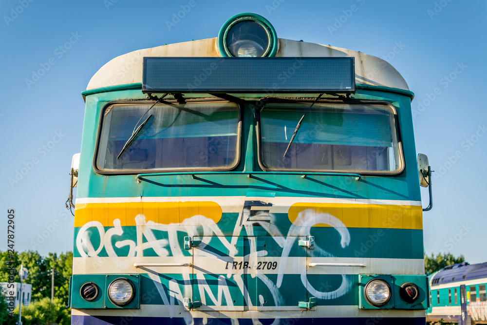 The front of a retro soviet built train. Abandoned train.   