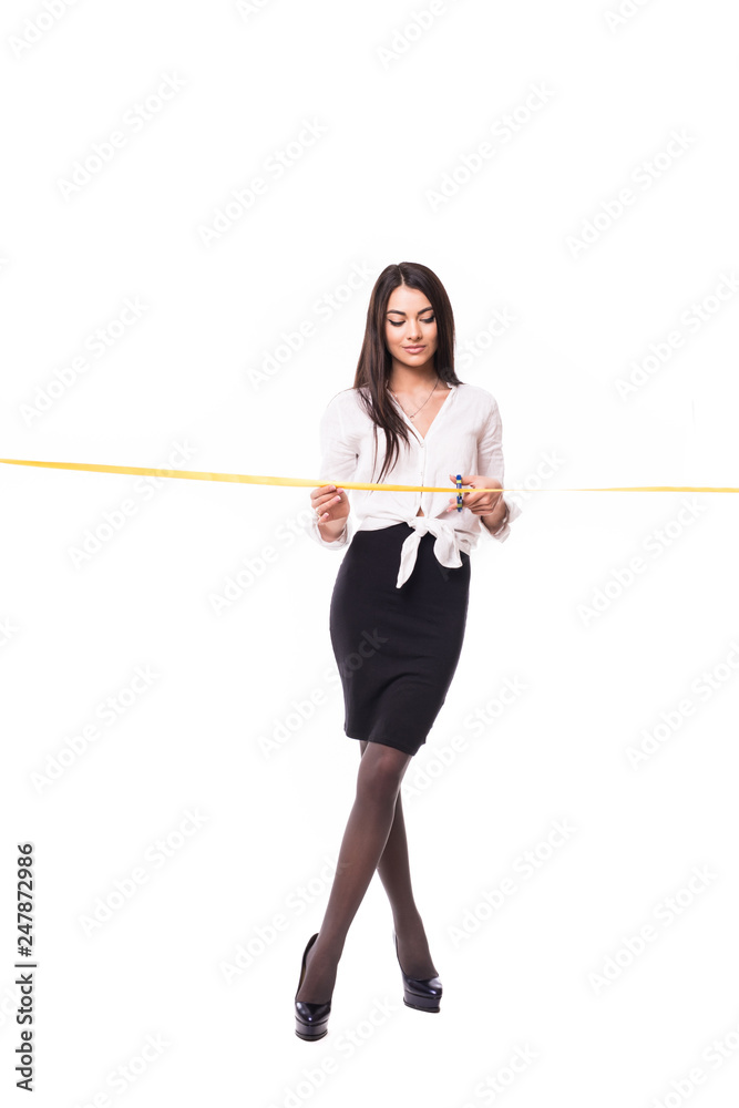 Happy business woman cutting gold ribbon opening ceremony, isolated on white background Happy business woman cutting gold ribbon opening ceremony, isolated on white background