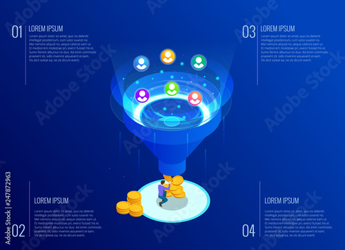 Isometric online funnel generation sales, customer generation, digital marketing and e-business technology concept. Landing page template for web. Internet marketing vector illustration
