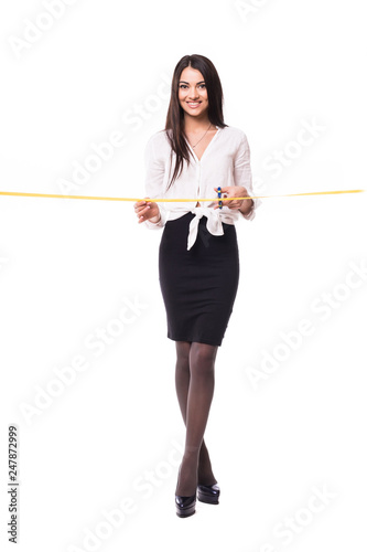 Happy business woman cutting gold ribbon opening ceremony, isolated on white background
