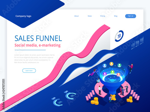 Isometric online funnel generation sales, customer generation, digital marketing and e-business technology concept. Landing page template for web. Internet marketing vector illustration