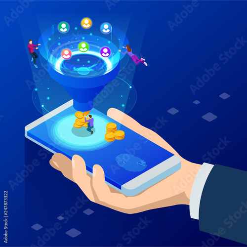 Isometric online funnel generation sales, customer generation, digital marketing and e-business technology concept. Landing page template for web. Internet marketing vector illustration