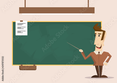 Teacher, professor standing in front of blank school blackboard