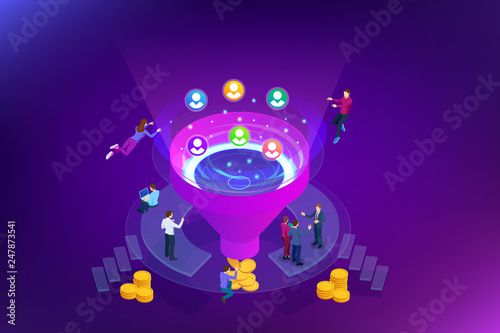 Isometric online funnel generation sales, customer generation, digital marketing and e-business technology concept. Landing page template for web. Internet marketing vector illustration