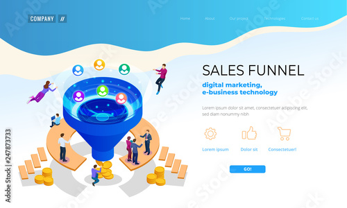 Isometric online funnel generation sales, customer generation, digital marketing and e-business technology concept. Landing page template for web. Internet marketing vector illustration