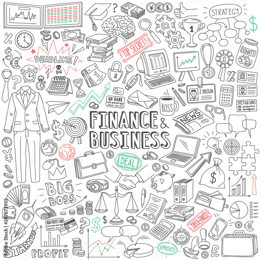 Finance and business doodle set. Vector drawings isolated on white background.