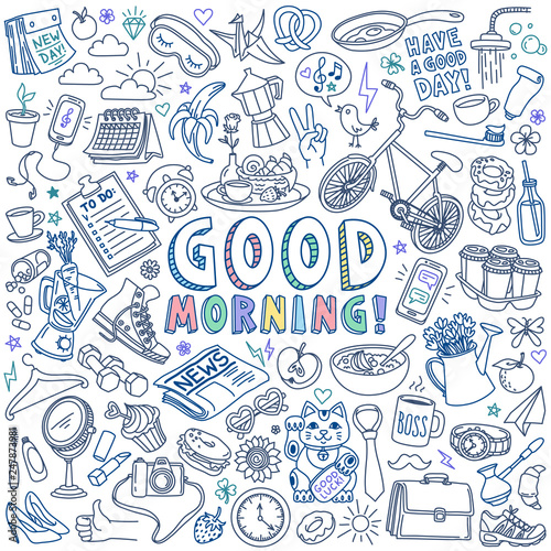 Good morning and breakfast doodles set. Hand drawn vector illustration isolated on white background.