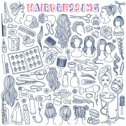 Hairdressing hand drawn doodle set. Beauty salon tools and equipment, various haircuts and hair styles. Vector illustration isolated on white background.