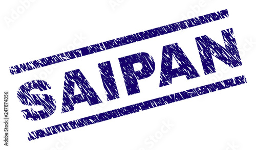 SAIPAN seal print with distress style. Blue vector rubber print of SAIPAN caption with dust texture. Text caption is placed between parallel lines.