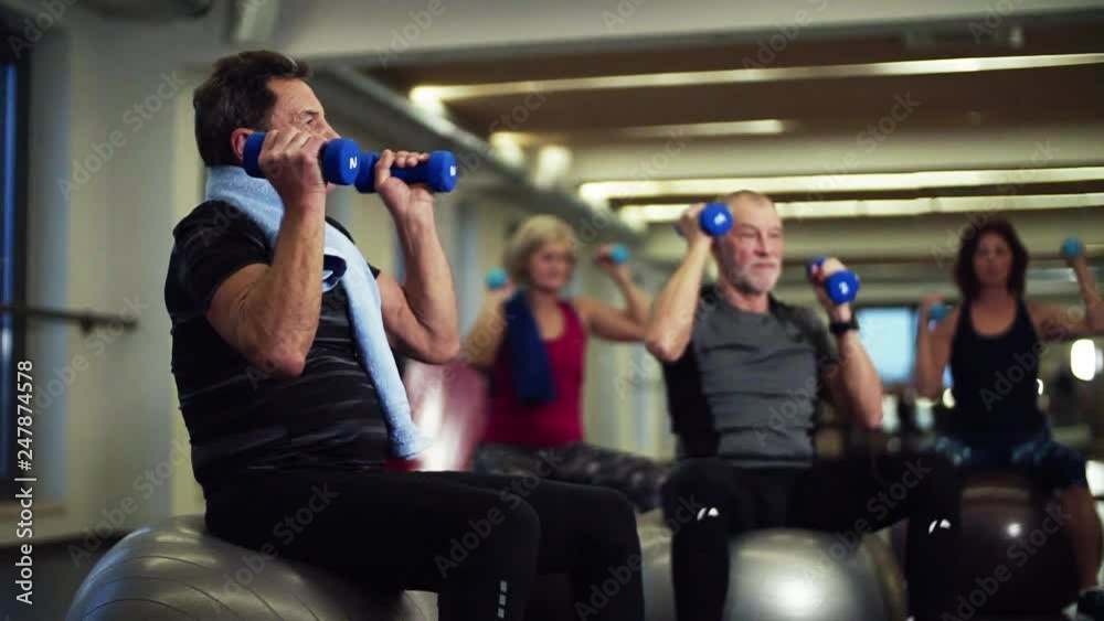 Group of cheerful seniors in gym doing exercise with dumbbells on fit balls.