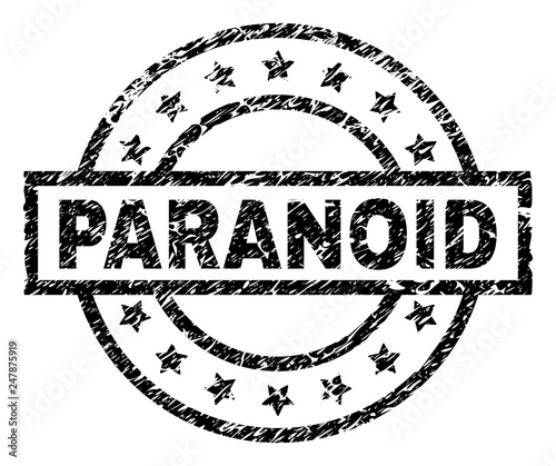 PARANOID stamp seal watermark with distress style. Designed with rectangle, circles and stars. Black vector rubber print of PARANOID tag with dust texture.