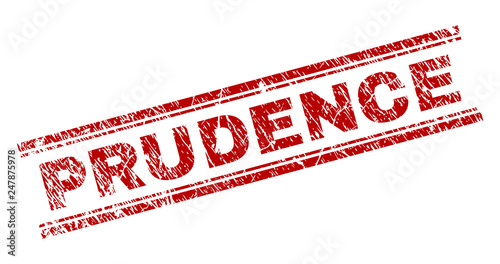 PRUDENCE seal watermark with grunge effect. Red vector rubber print of PRUDENCE text with scratched texture. Text title is placed between double parallel lines. photo