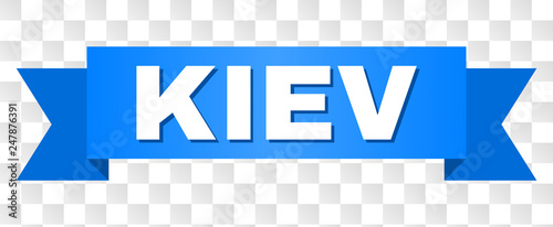 KIEV text on a ribbon. Designed with white title and blue stripe. Vector banner with KIEV tag on a transparent background.